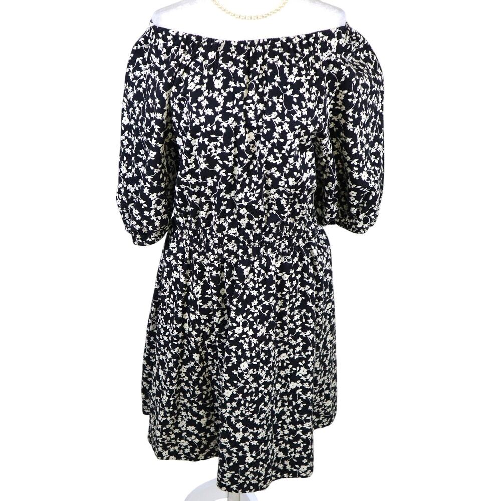 NWT Old Navy Black & Cream Floral Side Cut Out Dress Puff Sleeve COTTON Midi XL